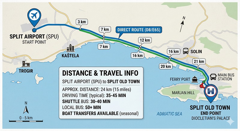 Split Airport Transfer Guide 2026: All Options Compared (Updated) 2 Map showing distance from Split Airport SPU to Split Old Town
