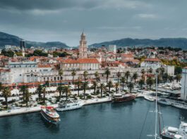 Split Itinerary 2026: How to Spend 1, 2 or 3 Days in Split, Croatia Aerial view of Split Old Town showing Diocletian's Palace walls and the Adriatic Sea, Croatia. Perfect Split Itinerary