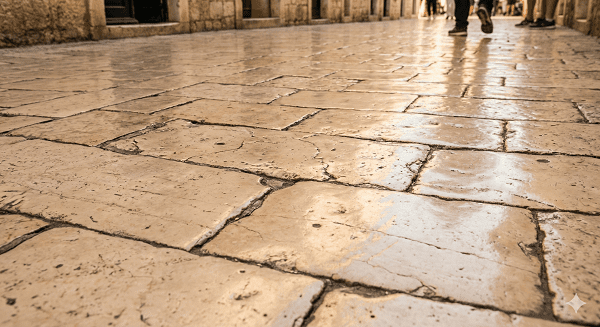 Slippery polished stone streets in Split Old Town