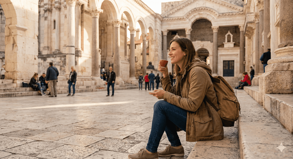 The Best Time to Visit Split: Weather, Prices & Crowds (2026 Guide) 4 A solo female traveler sitting on the Peristyle steps drinking coffee 1 best time to visit split